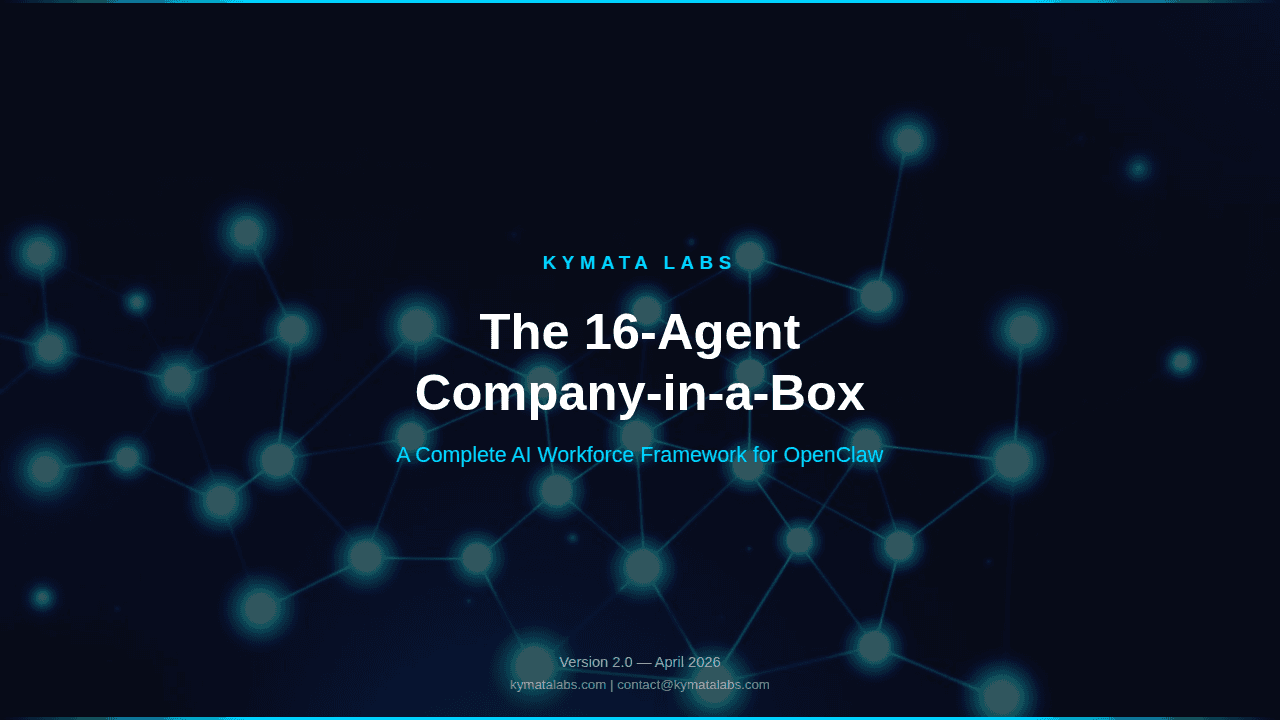 High contrast conceptual graphic showcasing the 16-Agent Company-in-a-Box architecture, visualizing a multi-agent framework running on OpenClaw with distinct neural nodes and clear operational data flows.